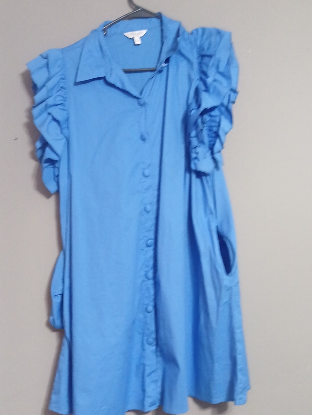 crown & ivy Bright Blue Ruffle-Sleeve Button Front Dress